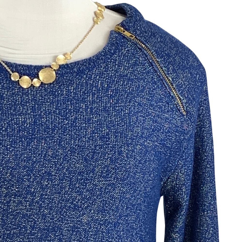 BISOU BISOU Blue w/ Metallic Zippered Shoulders Long Sleeve Sweater size Large - Picture 7 of 14